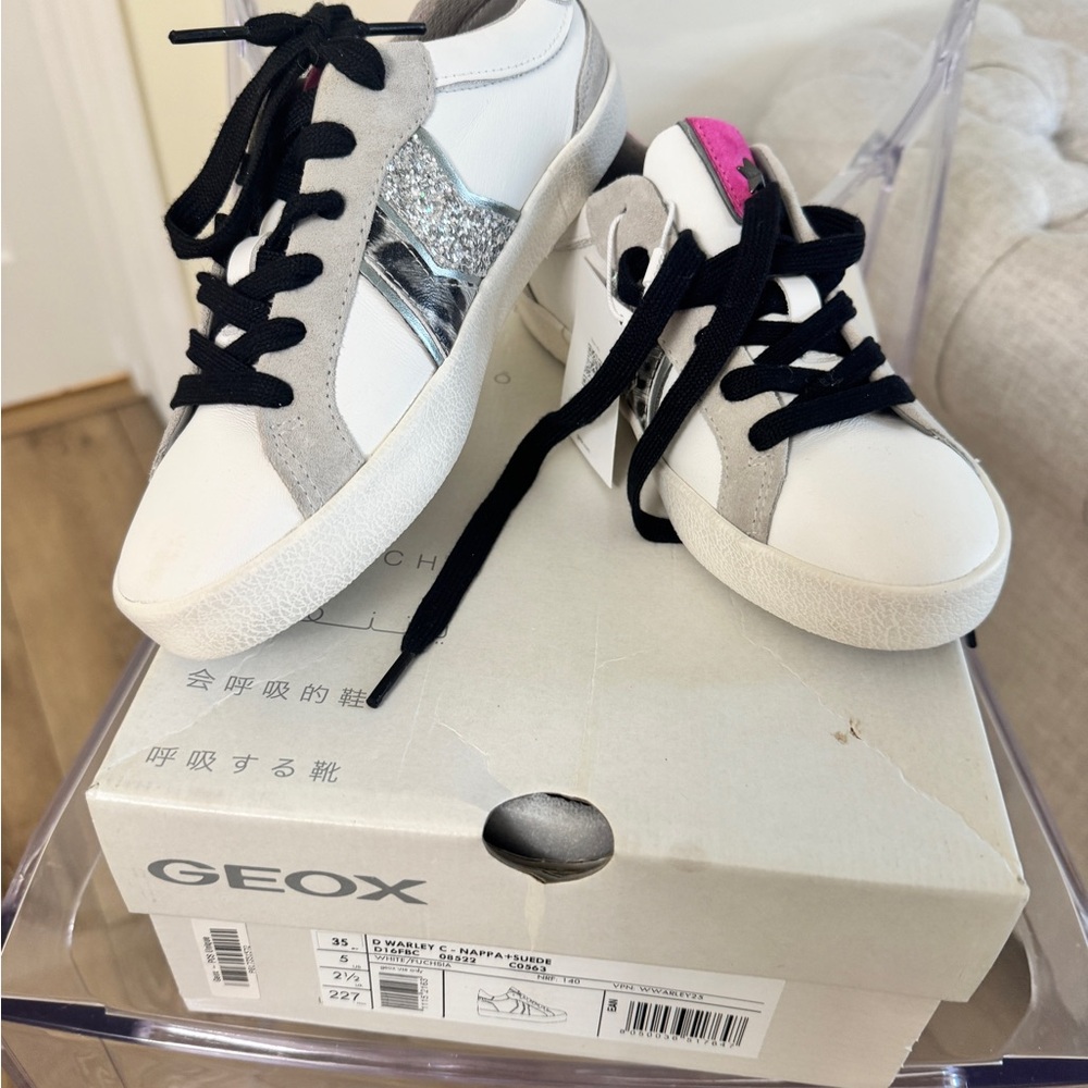 Geox Kids' White and Silver Sneakers with Black Laces
